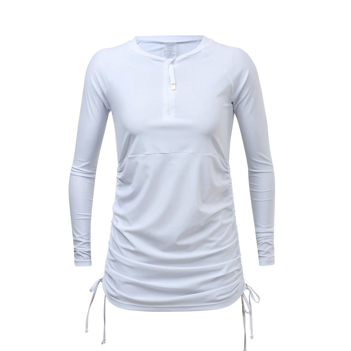 Ladies White Ruched LS Swim Dress - Snapper Rock