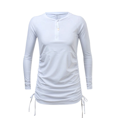 Ladies White Ruched LS Swim Dress - Snapper Rock