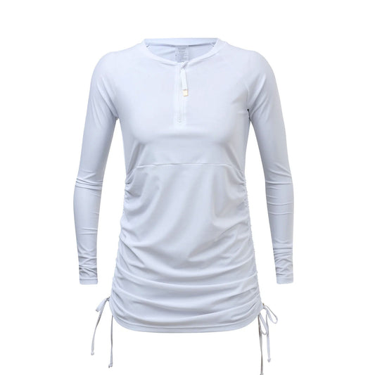 Ladies White Ruched LS Swim Dress - Snapper Rock