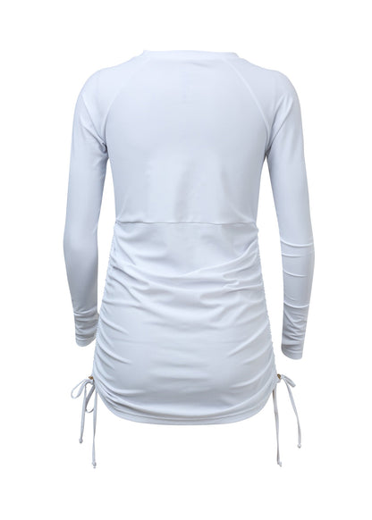 Ladies White Ruched LS Swim Dress - Snapper Rock